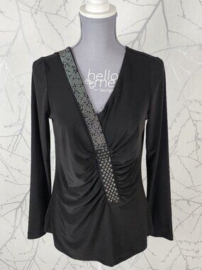 Adam Jacobs Slinky Stretch Jersey Knit Studded Ruched V-Neck Top